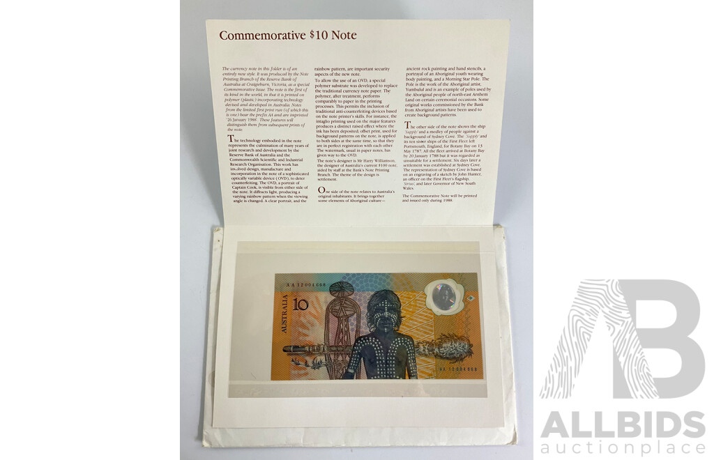 Australian 1988 Ten Dollar Note, Bicentennial Collectors Edition - AA 12004668