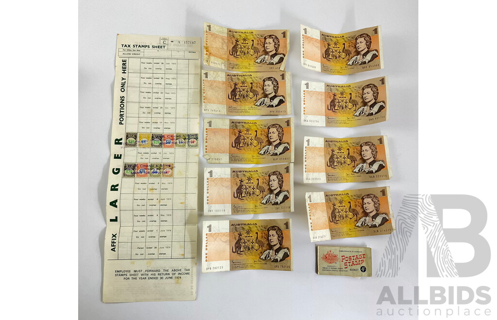 Nine Australian One Dollar Notes Including Phillips/Wheeler, Knight/Stone, Johnston/Stone(7) Predecimal Tax Stamp Sheet and Stamps