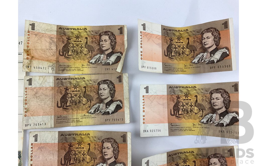 Nine Australian One Dollar Notes Including Phillips/Wheeler, Knight/Stone, Johnston/Stone(7) Predecimal Tax Stamp Sheet and Stamps