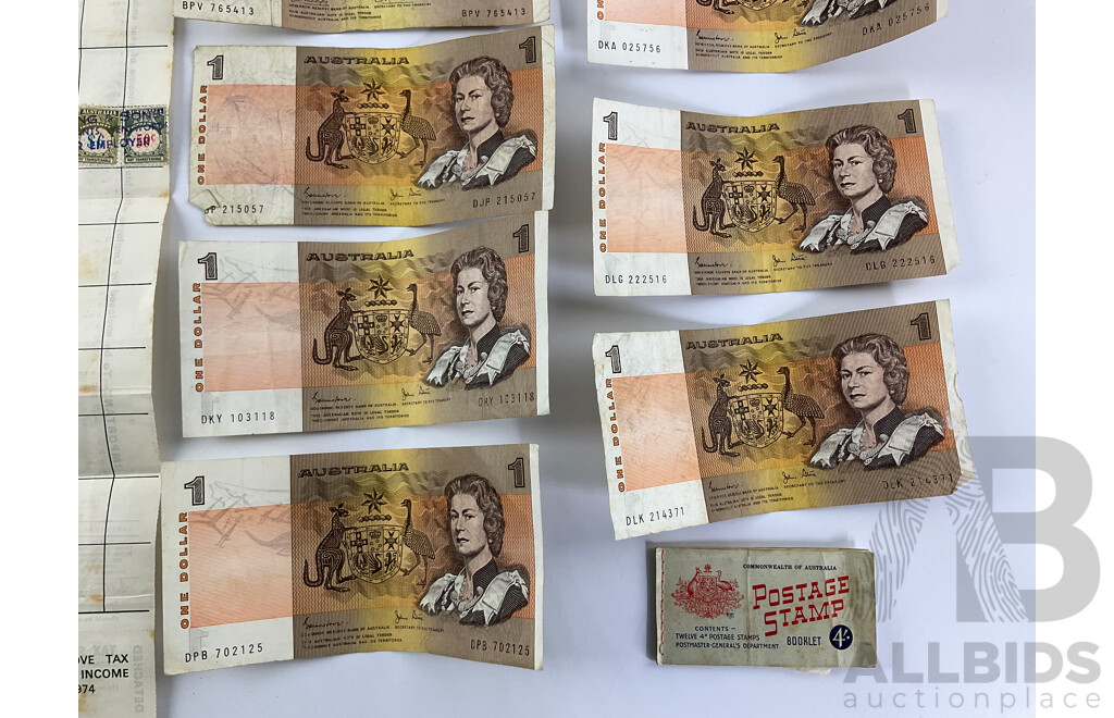 Nine Australian One Dollar Notes Including Phillips/Wheeler, Knight/Stone, Johnston/Stone(7) Predecimal Tax Stamp Sheet and Stamps
