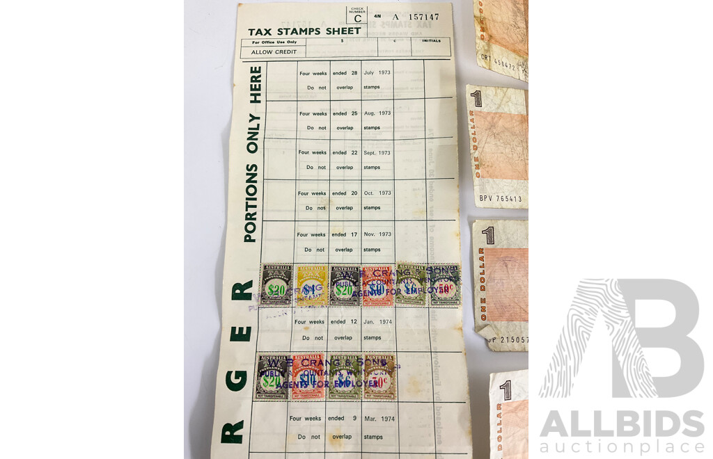 Nine Australian One Dollar Notes Including Phillips/Wheeler, Knight/Stone, Johnston/Stone(7) Predecimal Tax Stamp Sheet and Stamps