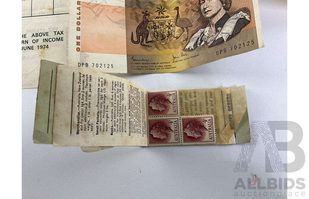 Nine Australian One Dollar Notes Including Phillips/Wheeler, Knight/Stone, Johnston/Stone(7) Predecimal Tax Stamp Sheet and Stamps
