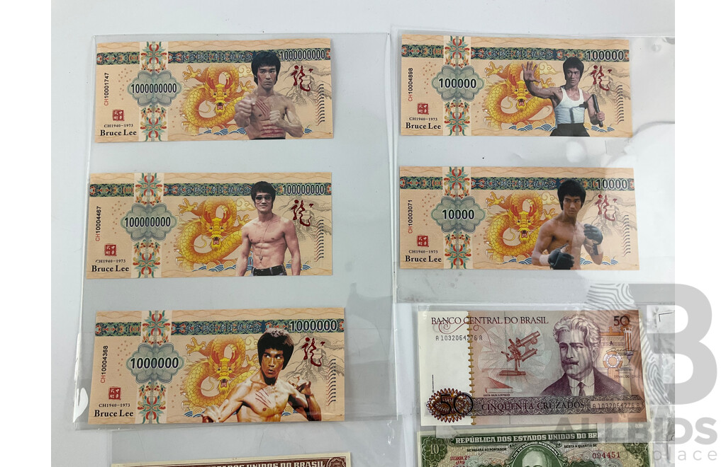 Six Brazillian Paper Bank Notes with Five Novelty Bruce Lee Bank Notes