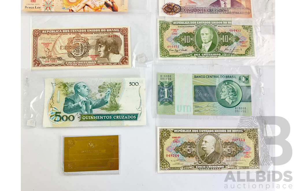 Six Brazillian Paper Bank Notes with Five Novelty Bruce Lee Bank Notes