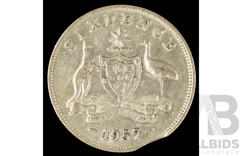 Australian 1957 Silver Sixpence Error Coin, Clipped Planchet .500