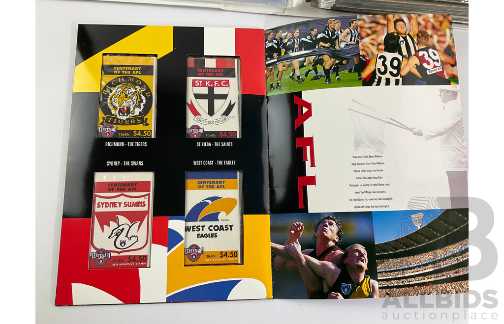 Australian 1996 AFL Centenary Stamp Booklet Collection with Album of First Day Covers Spanning 1992 to 1996