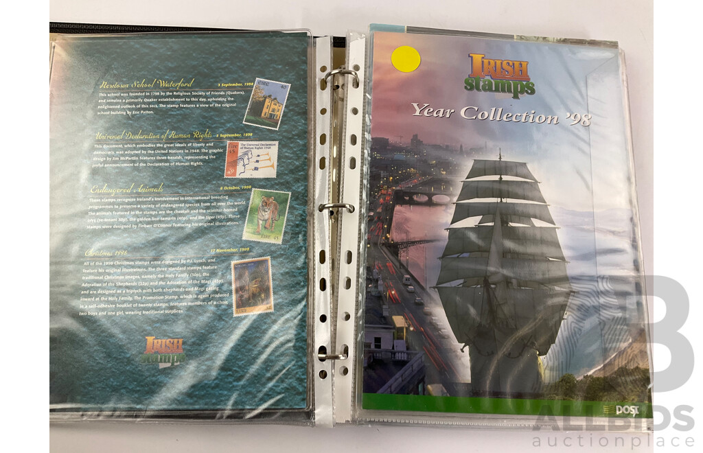 Eight Annual Stamp Albums Including Ireland 1997, 1998(2) United Nations New York 1993, 1994, 1995, 1996 1998