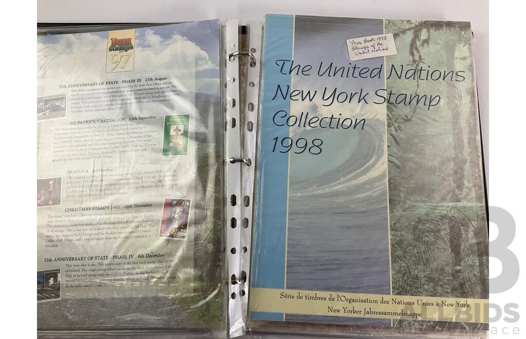 Eight Annual Stamp Albums Including Ireland 1997, 1998(2) United Nations New York 1993, 1994, 1995, 1996 1998