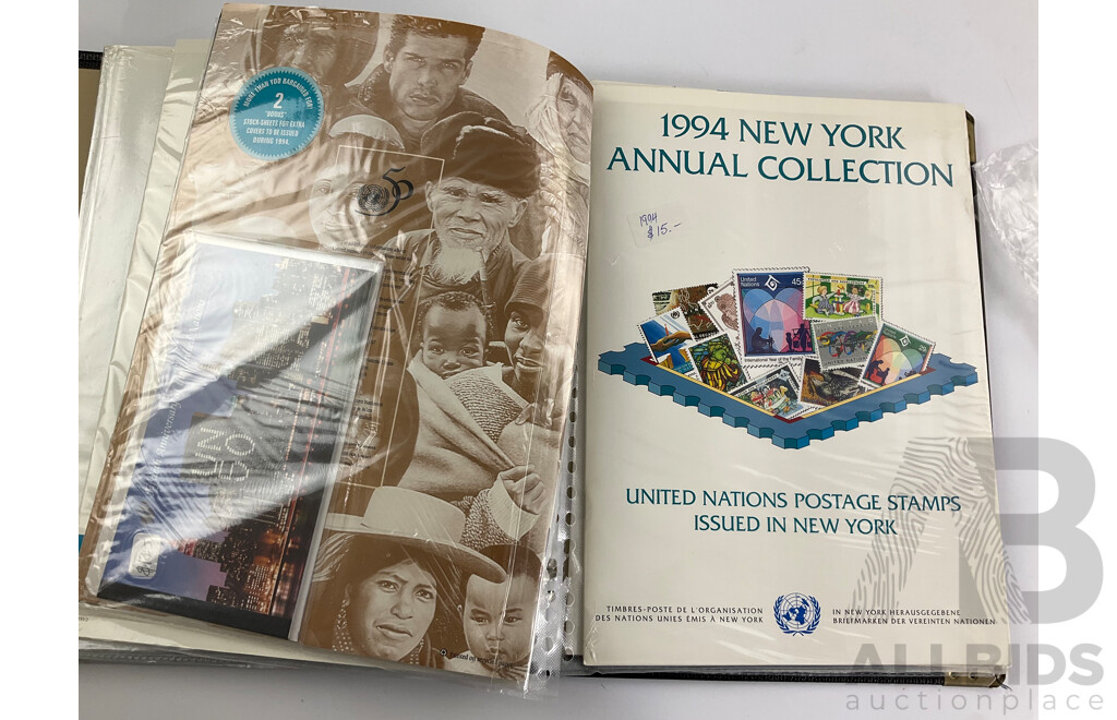 Eight Annual Stamp Albums Including Ireland 1997, 1998(2) United Nations New York 1993, 1994, 1995, 1996 1998