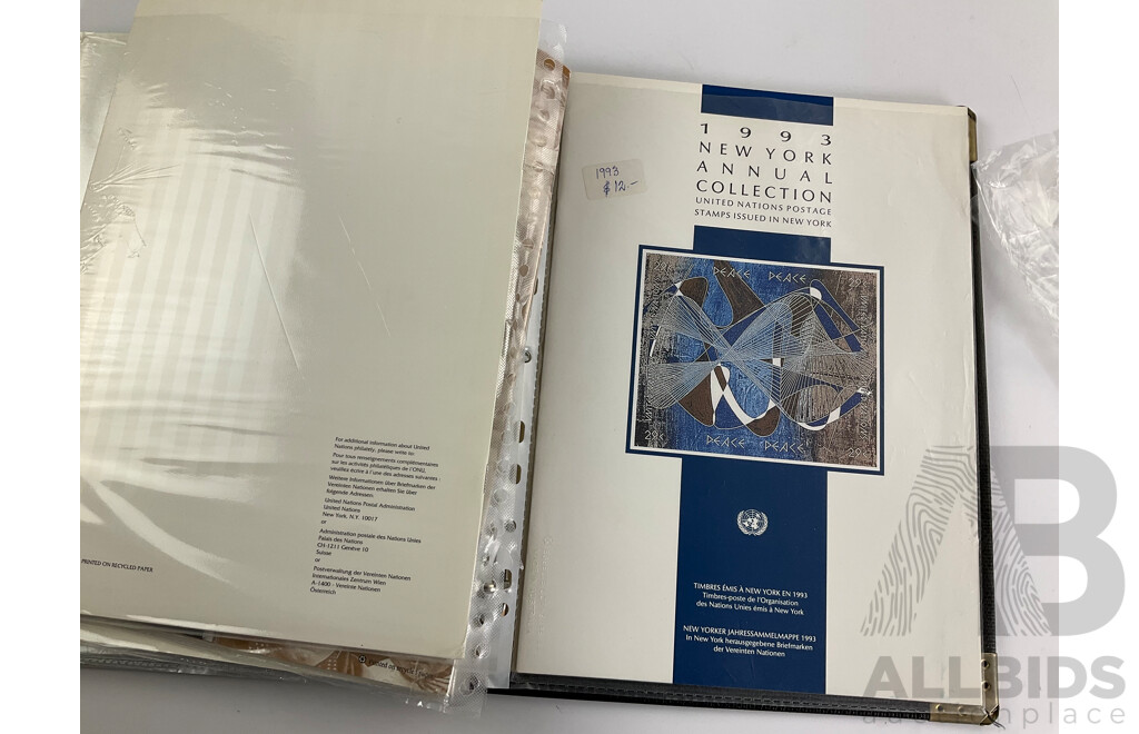 Eight Annual Stamp Albums Including Ireland 1997, 1998(2) United Nations New York 1993, 1994, 1995, 1996 1998