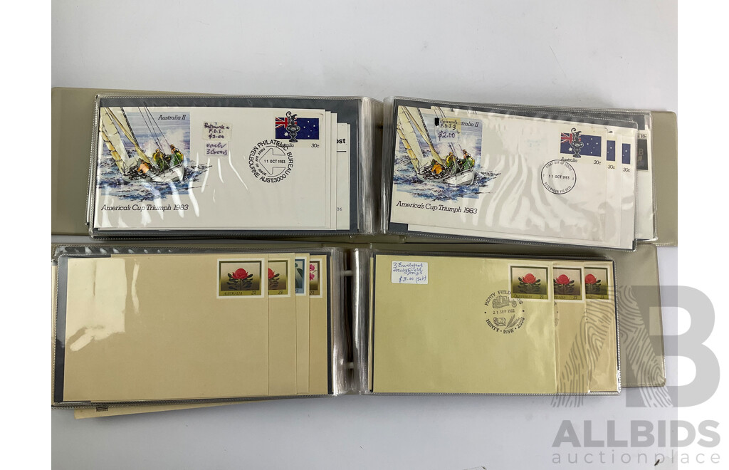Four Alums of Australian First Day Covers and Pre-Stamped Envelopes, Examples Spanning 1980, 1981, 1982, 1983