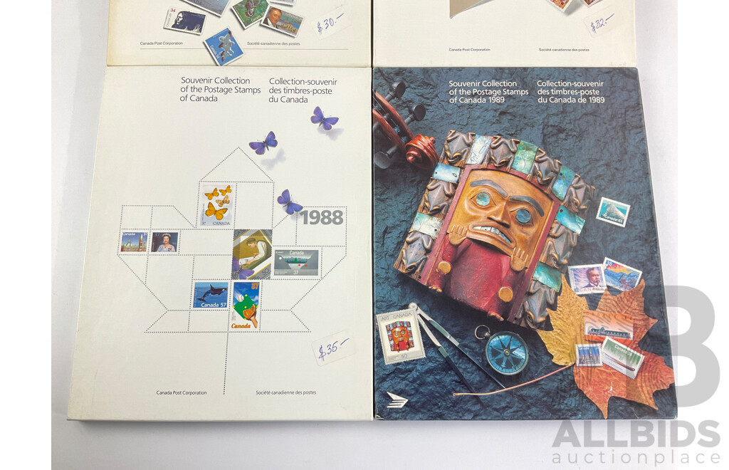 Four Canadian Souvenir Stamp Collection Albums, Consecutive Years 1986 to 1989