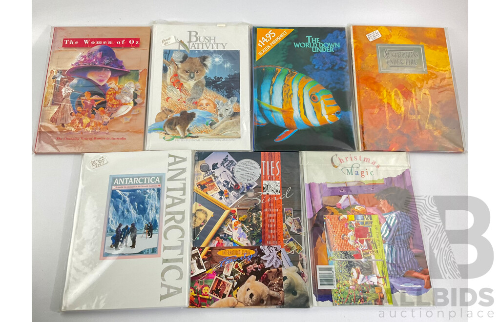 Seven Australian Postal Stamp Books Including Antarctica, International Year of the Family, Christmas Magic, the Women of Oz, Bush Nativity, the World Down Under, Australians Under Fire