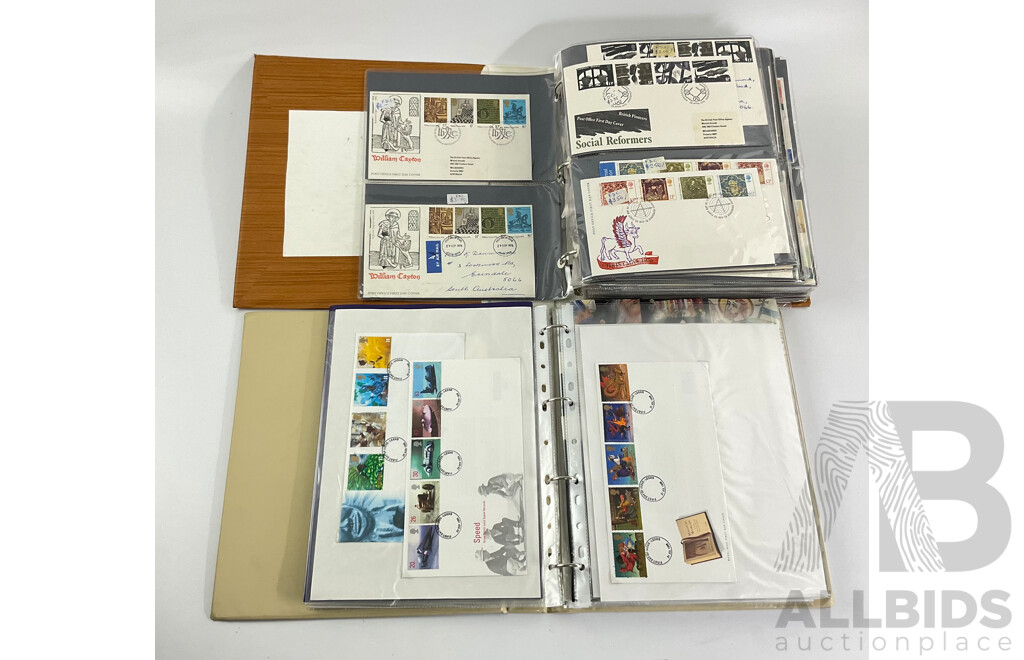 Two Albums of United Kingdom First Day Covers, Examples Spanning 1937 to 1976 with 1990’s Year Packs