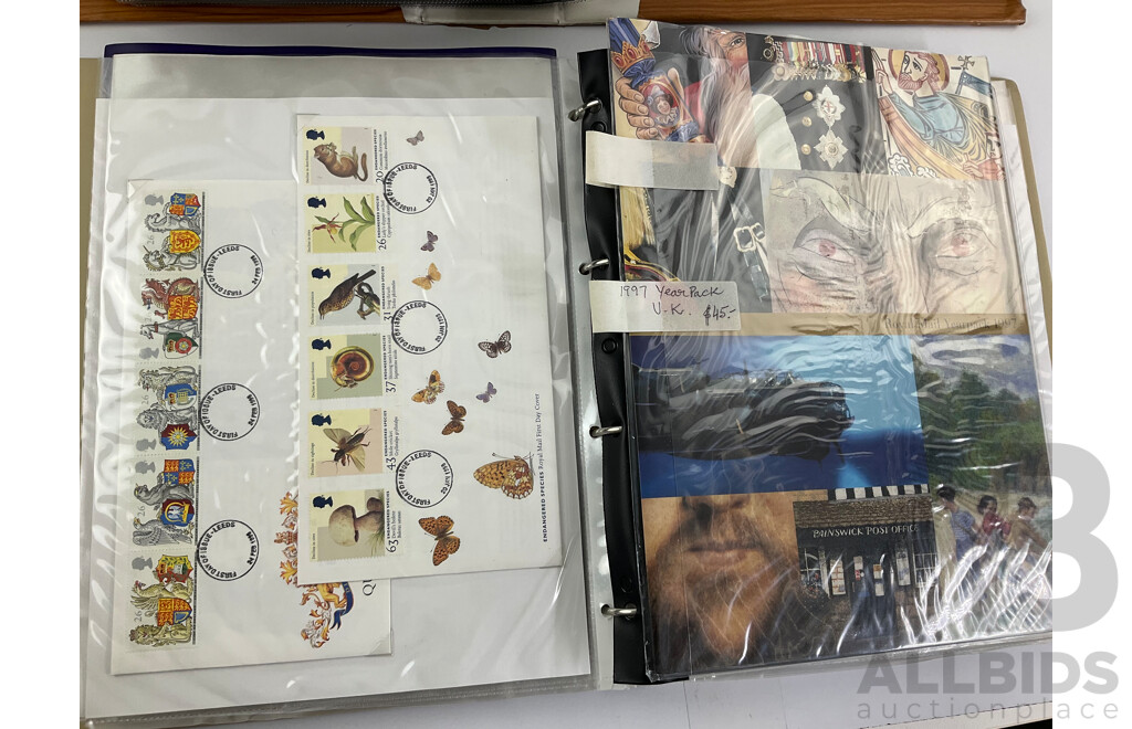 Two Albums of United Kingdom First Day Covers, Examples Spanning 1937 to 1976 with 1990’s Year Packs