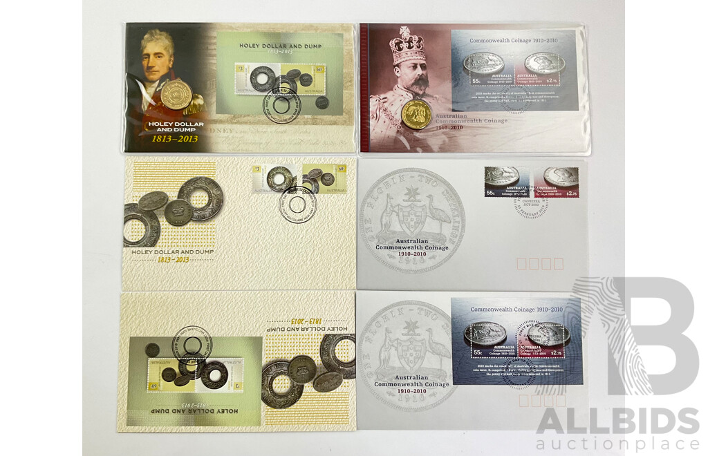 Australian 2013 Holey Dollar and Dump and 2010 Commonwealth Coinage PNC's with Matching First Day Covers