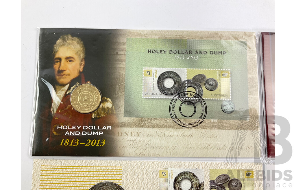 Australian 2013 Holey Dollar and Dump and 2010 Commonwealth Coinage PNC's with Matching First Day Covers