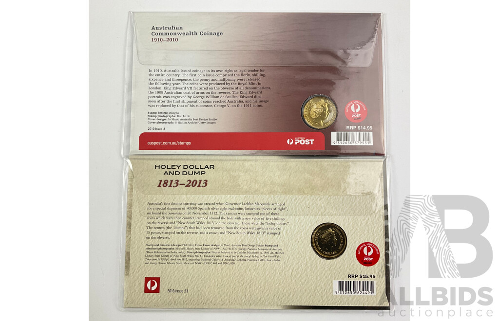 Australian 2013 Holey Dollar and Dump and 2010 Commonwealth Coinage PNC's with Matching First Day Covers