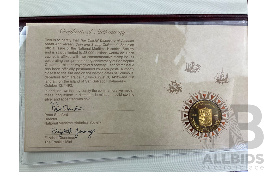 USA Franklin Mint 1992 Official Discovery of America 500th Anniversary Limited Edition Coin and Stamp Pack