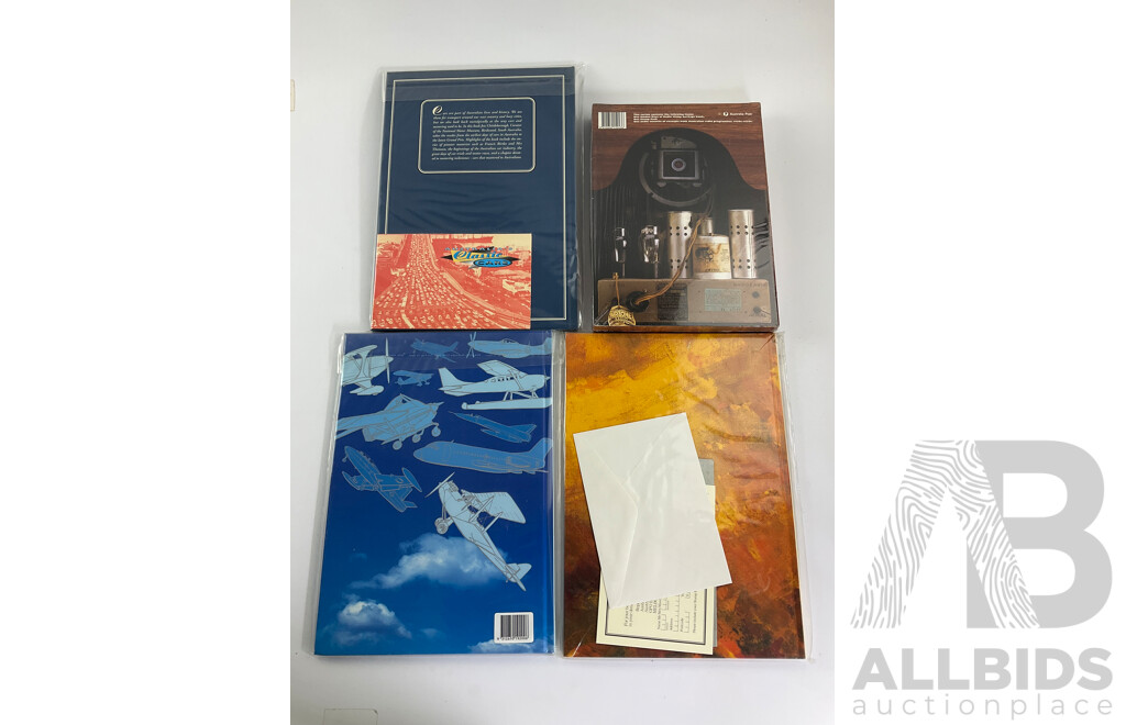Collection of Australian Post Stamp Books Including Dreams on Wheels, Golden Days of Radio, Australians Under Fire, Taking Flight