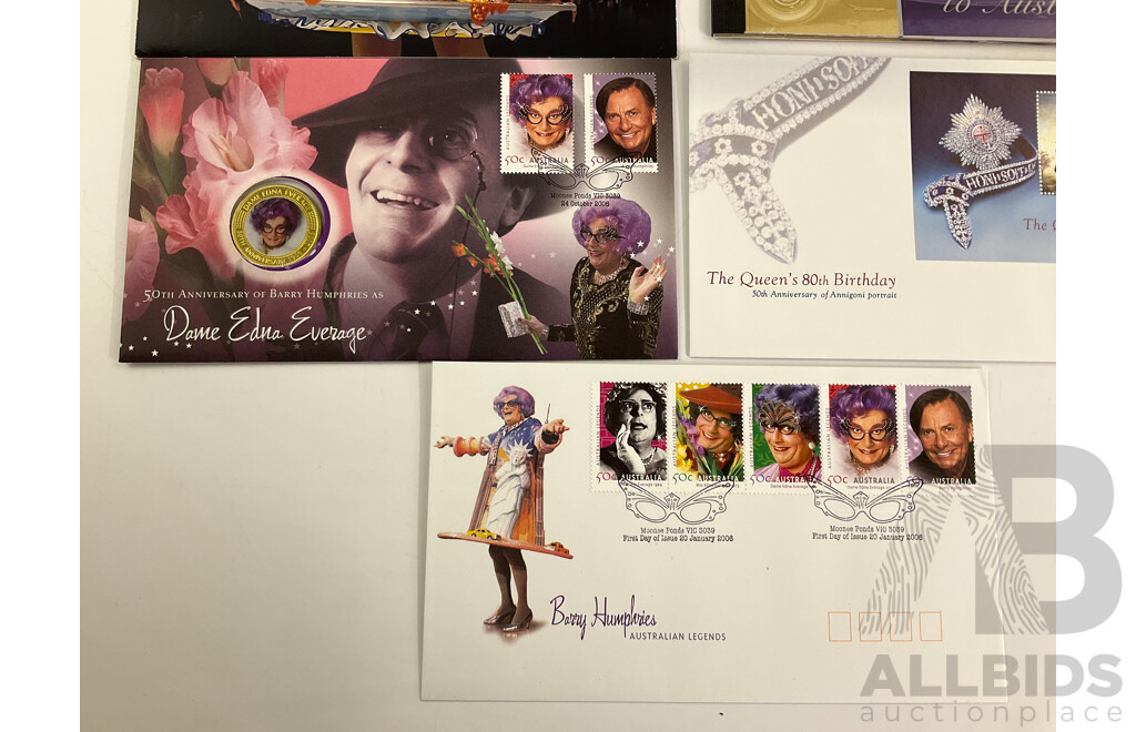 Australian 2006 PNCs, First Day Covers and Mini Sheets Including Barry Humphries and QE2