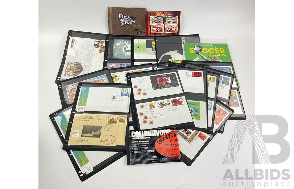 Australian 2006 Stamp Books, Mini Sheets, First Day Covers Including Collingwood Football Club, Australian Rock Posters, Year of the Dog, Wild Flowers, Commonwealth Games, Classic Cars, Cancer Zodiac Booklet, Soccer in Australia