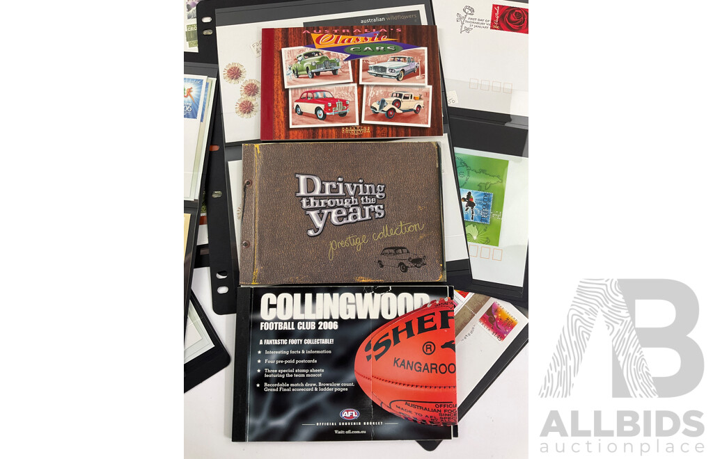 Australian 2006 Stamp Books, Mini Sheets, First Day Covers Including Collingwood Football Club, Australian Rock Posters, Year of the Dog, Wild Flowers, Commonwealth Games, Classic Cars, Cancer Zodiac Booklet, Soccer in Australia