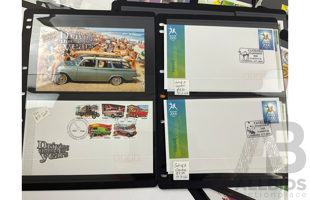 Australian 2006 Stamp Books, Mini Sheets, First Day Covers Including Collingwood Football Club, Australian Rock Posters, Year of the Dog, Wild Flowers, Commonwealth Games, Classic Cars, Cancer Zodiac Booklet, Soccer in Australia