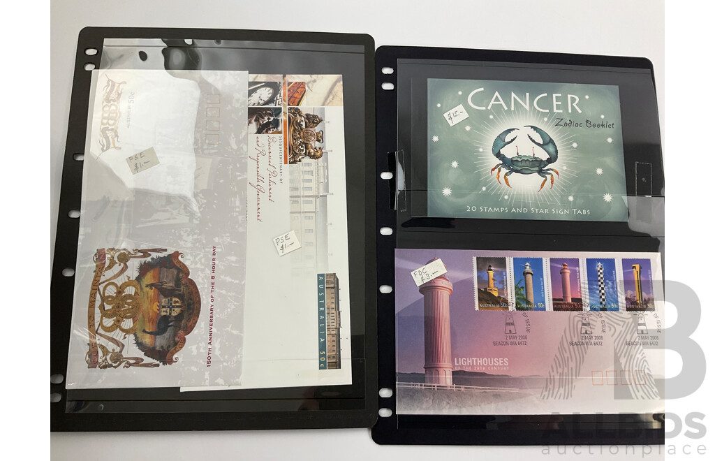 Australian 2006 Stamp Books, Mini Sheets, First Day Covers Including Collingwood Football Club, Australian Rock Posters, Year of the Dog, Wild Flowers, Commonwealth Games, Classic Cars, Cancer Zodiac Booklet, Soccer in Australia