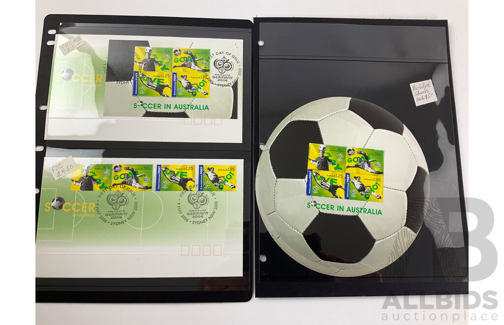 Australian 2006 Stamp Books, Mini Sheets, First Day Covers Including Collingwood Football Club, Australian Rock Posters, Year of the Dog, Wild Flowers, Commonwealth Games, Classic Cars, Cancer Zodiac Booklet, Soccer in Australia