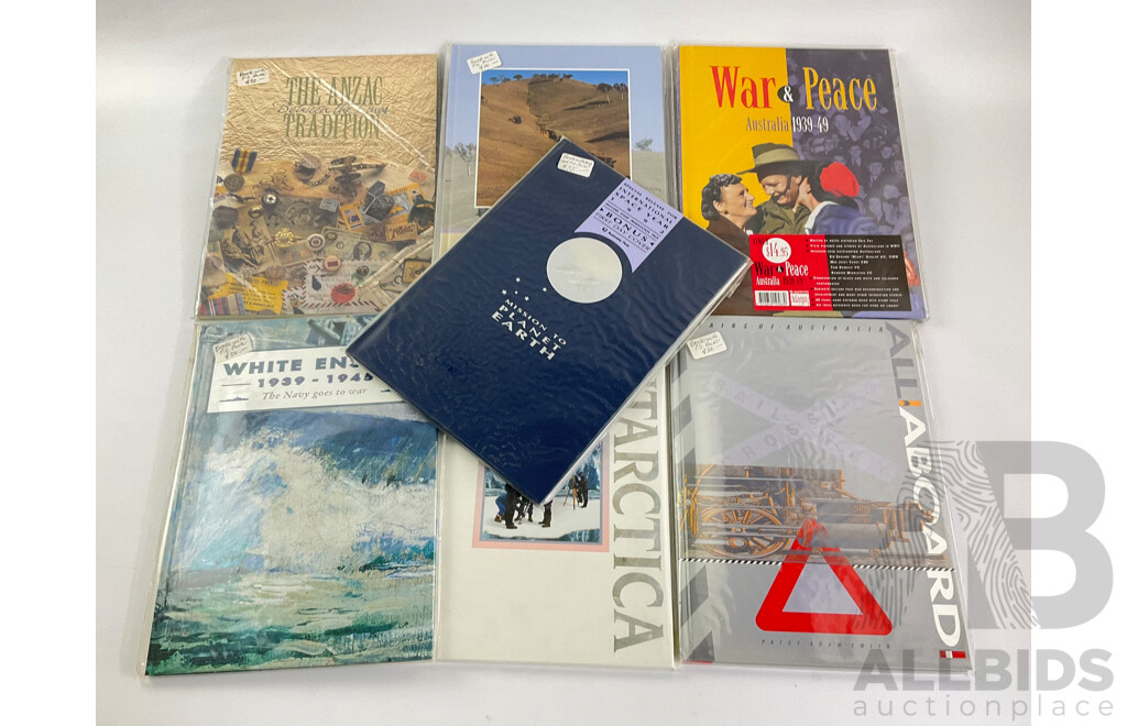 Australian Stamp Presentation Books Including War and Peace, Gaining Ground, Antarctica, White Ensign, Mission to Planet Earth, Trains of Australia, the ANZAC Tradition
