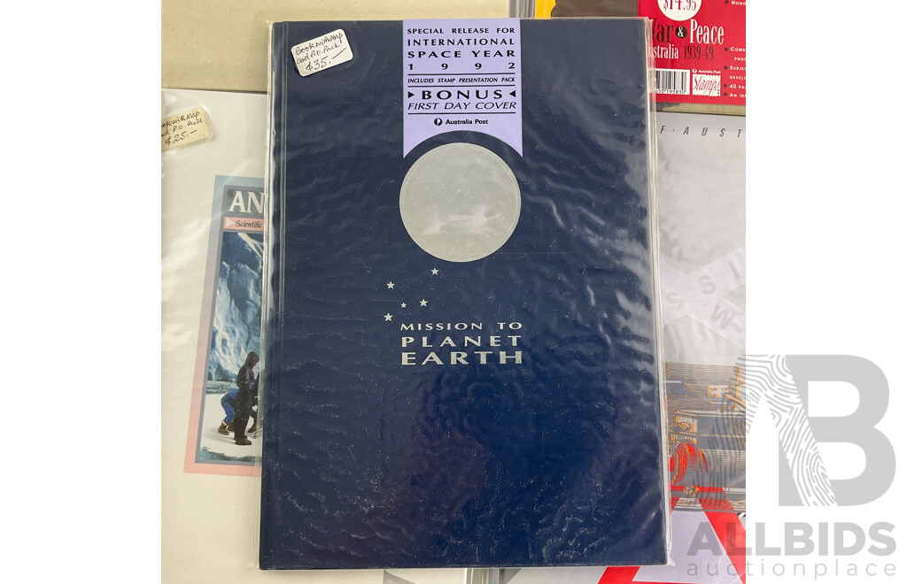 Australian Stamp Presentation Books Including War and Peace, Gaining Ground, Antarctica, White Ensign, Mission to Planet Earth, Trains of Australia, the ANZAC Tradition