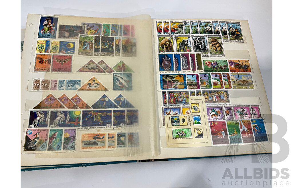 Three Albums of Vintage Cancelled and Mint Stamps Including Australia, Liberia, Mongolia, Thailand, Spain