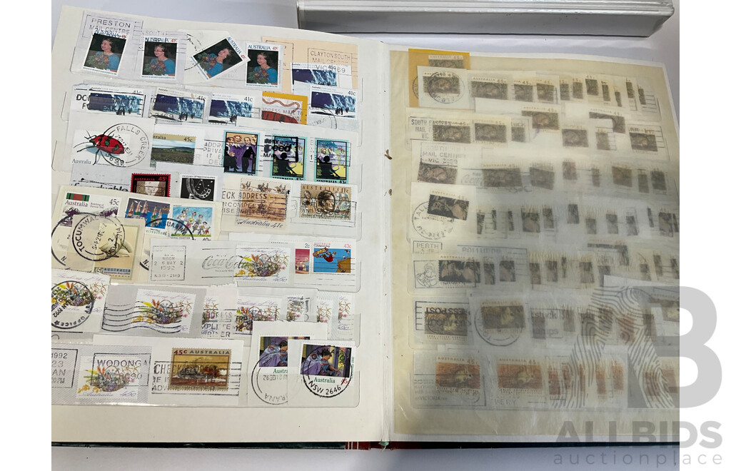 Six Albums of Cancelled Stamps and Prepaid Envelopes Including Australia, Iran, Israel, Spain, Singapore, Poland, Hong Kong