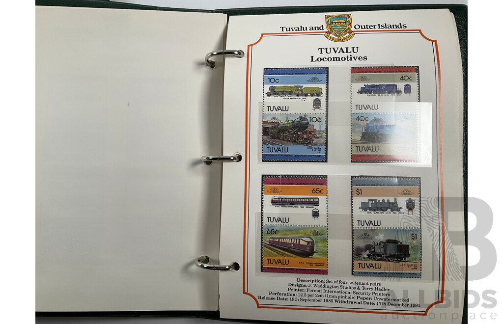 Two Leaders of the World Tuvalu and Outer Island 1984-85 Stamp Collections Including Locomotives, Cricket, Monarchy, Automobiles, Flowers