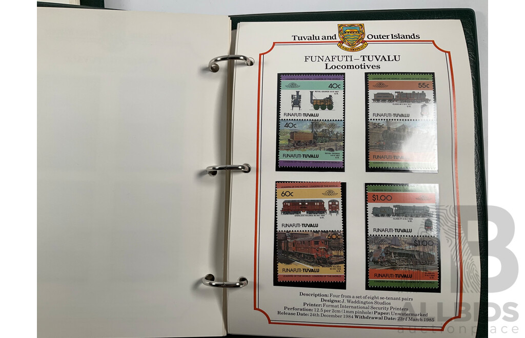 Two Leaders of the World Tuvalu and Outer Island 1984-85 Stamp Collections Including Locomotives, Cricket, Monarchy, Automobiles, Flowers