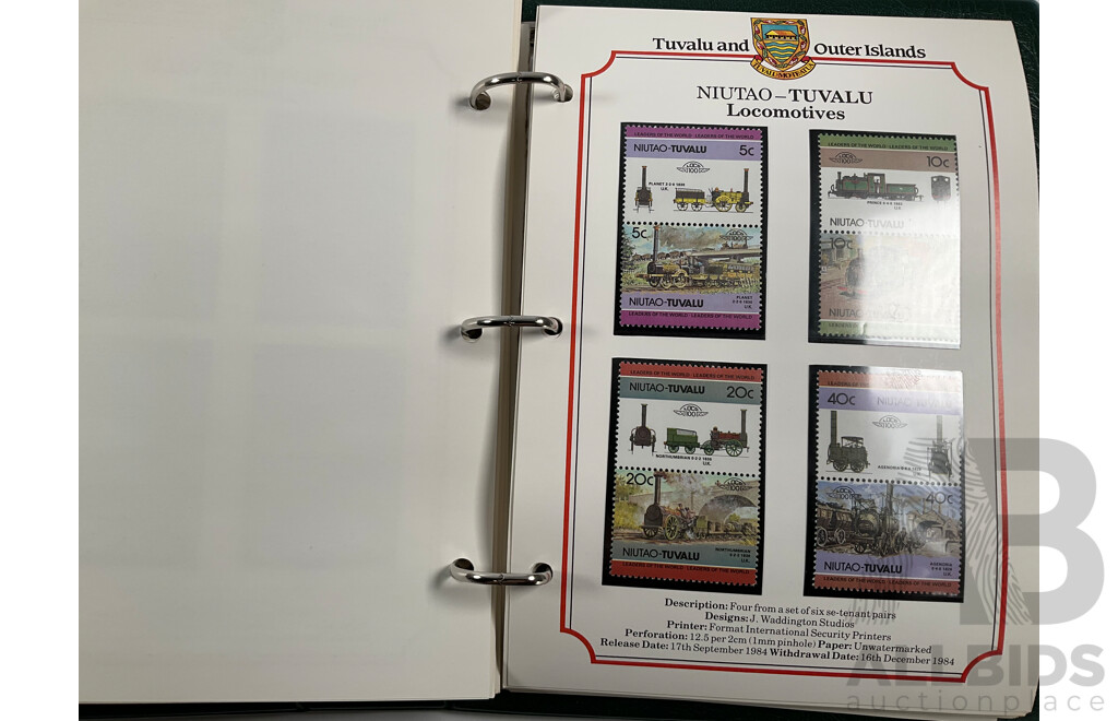 Two Leaders of the World Tuvalu and Outer Island 1984-85 Stamp Collections Including Locomotives, Cricket, Monarchy, Automobiles, Flowers