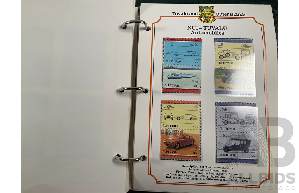 Two Leaders of the World Tuvalu and Outer Island 1984-85 Stamp Collections Including Locomotives, Cricket, Monarchy, Automobiles, Flowers