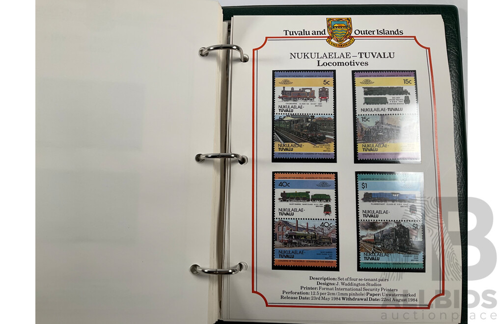 Two Leaders of the World Tuvalu and Outer Island 1984-85 Stamp Collections Including Locomotives, Cricket, Monarchy, Automobiles, Flowers