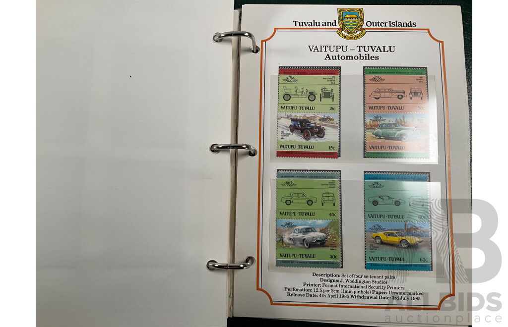 Two Leaders of the World Tuvalu and Outer Island 1984-85 Stamp Collections Including Locomotives, Cricket, Monarchy, Automobiles, Flowers