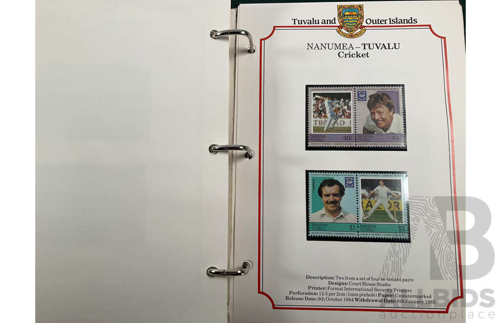 Two Leaders of the World Tuvalu and Outer Island 1984-85 Stamp Collections Including Locomotives, Cricket, Monarchy, Automobiles, Flowers