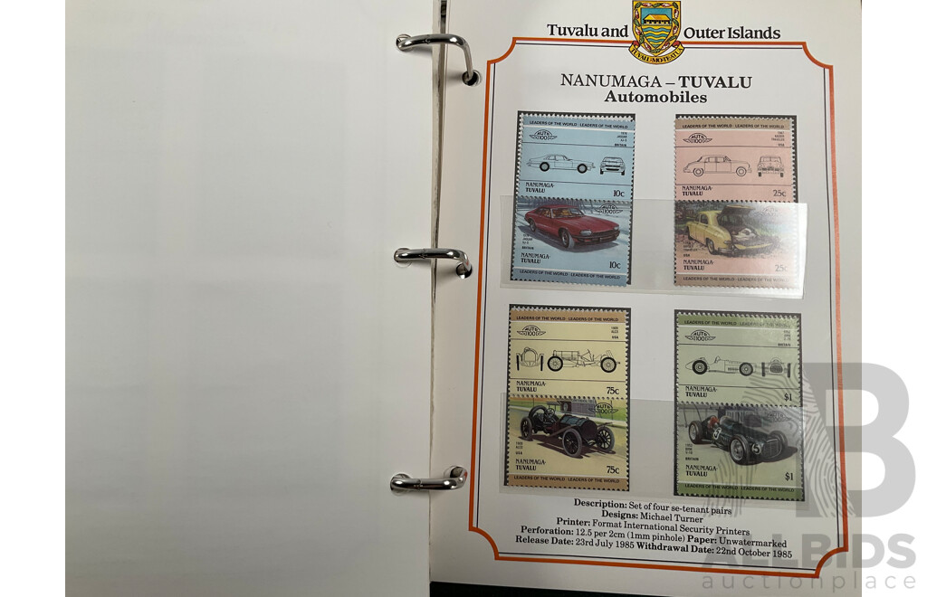 Two Leaders of the World Tuvalu and Outer Island 1984-85 Stamp Collections Including Locomotives, Cricket, Monarchy, Automobiles, Flowers