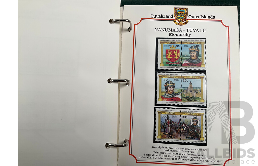 Two Leaders of the World Tuvalu and Outer Island 1984-85 Stamp Collections Including Locomotives, Cricket, Monarchy, Automobiles, Flowers