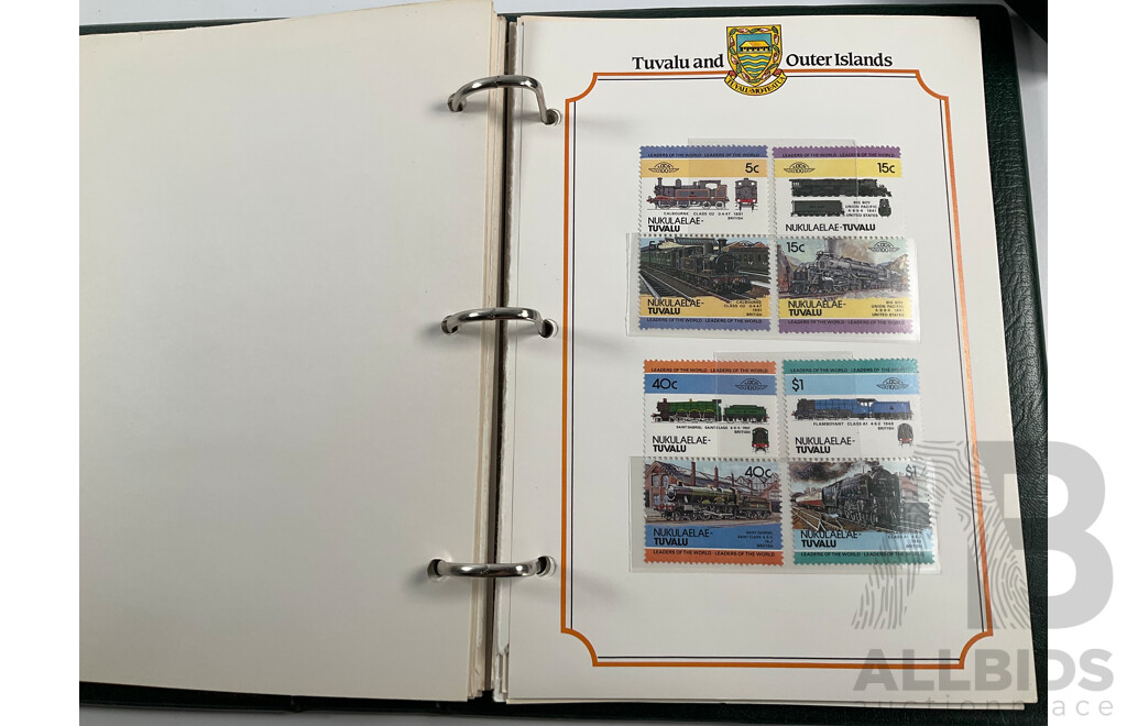 Two Leaders of the World Tuvalu and Outer Island 1984-85 Stamp Collections Including Locomotives, Cricket, Monarchy, Automobiles, Flowers