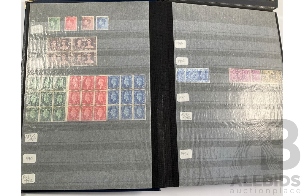 United Kingdom Mint Stamp Album Spanning 1930's to 1970's Including Blocks, Mini Sheets, Sets, Multiples with Album of Cancelled Stamps Spanning 1880's to 1980’s