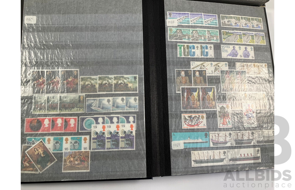 United Kingdom Mint Stamp Album Spanning 1930's to 1970's Including Blocks, Mini Sheets, Sets, Multiples with Album of Cancelled Stamps Spanning 1880's to 1980’s