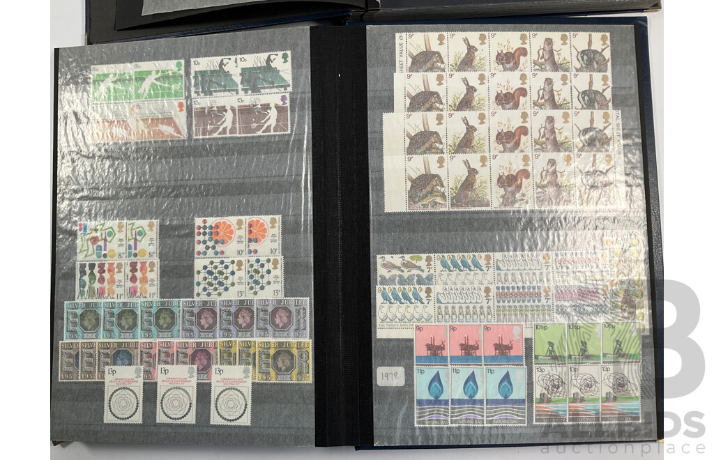 United Kingdom Mint Stamp Album Spanning 1930's to 1970's Including Blocks, Mini Sheets, Sets, Multiples with Album of Cancelled Stamps Spanning 1880's to 1980’s