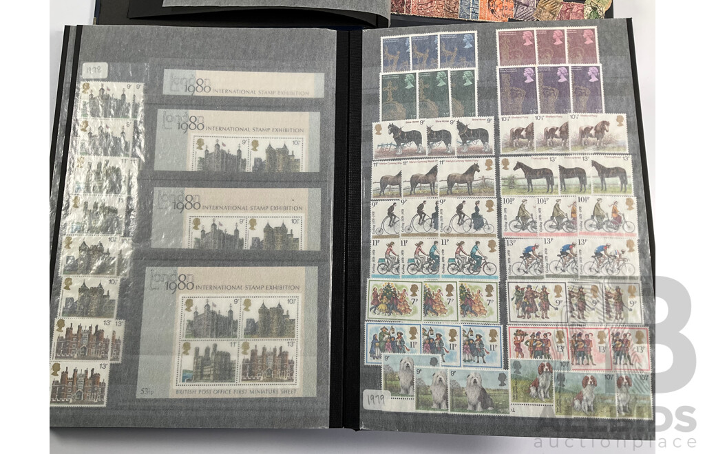 United Kingdom Mint Stamp Album Spanning 1930's to 1970's Including Blocks, Mini Sheets, Sets, Multiples with Album of Cancelled Stamps Spanning 1880's to 1980’s