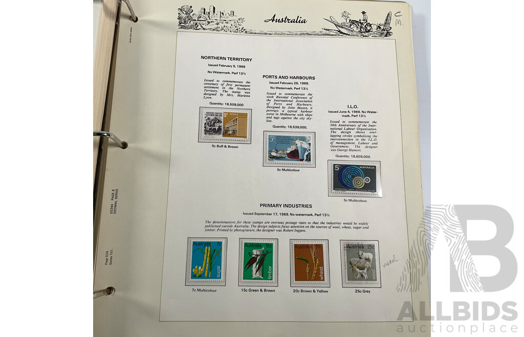 Seven Seas Album of Australian Stamps, Spanning 1966 to 1978, Multiples of Sets of Each Year, Mostly Mint