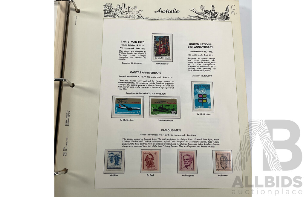 Seven Seas Album of Australian Stamps, Spanning 1966 to 1978, Multiples of Sets of Each Year, Mostly Mint